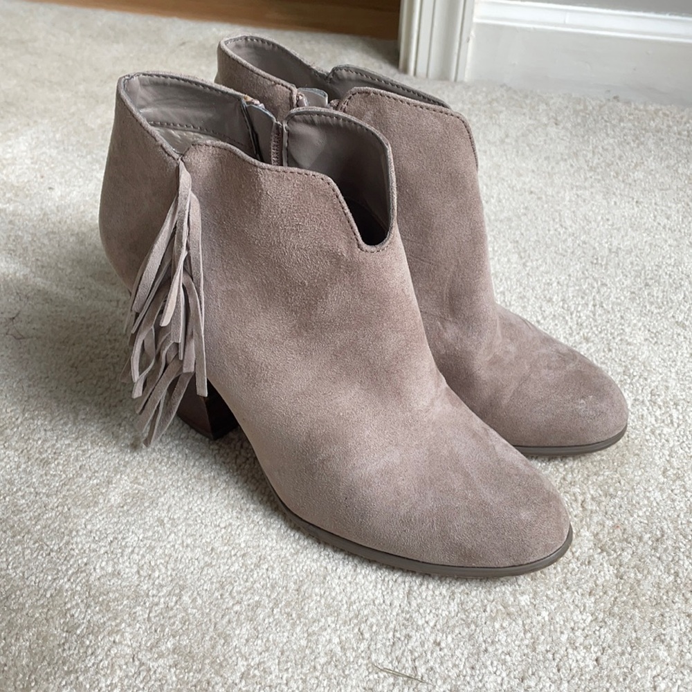 Fringe taupe ankle boots